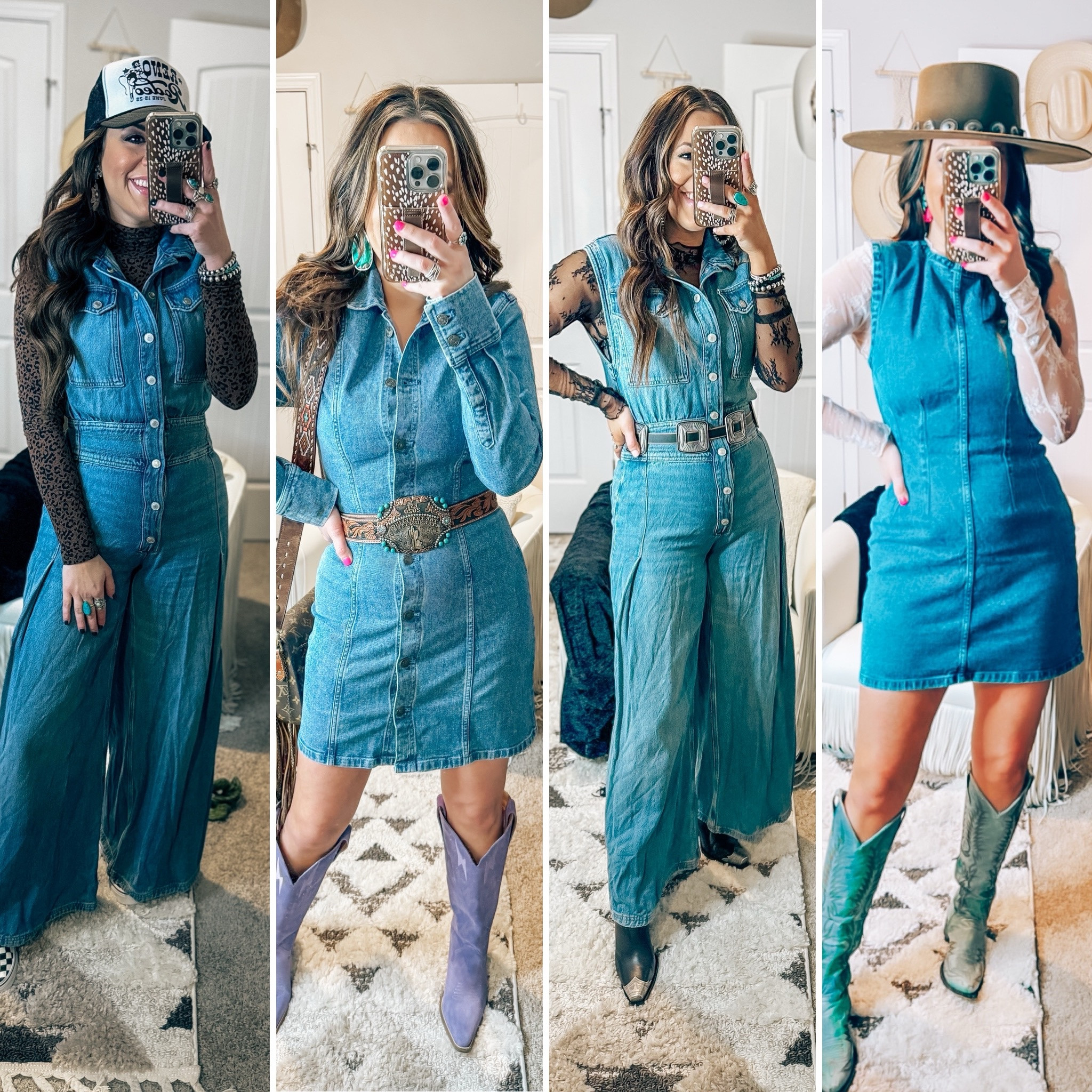 Denim dress denim jumpsuit, Jenna, denim, romper, Abercrombie, dress, lace undershirt, viral TikTok, fines, denim outfit, festival, country concert, music festival, Nashville, country girl, you’re the cowboy, cowgirl, hat , booties , boots / spring and summer outfit ideas 

#LTKFestival #LTKstyletip #LTKfindsunder100