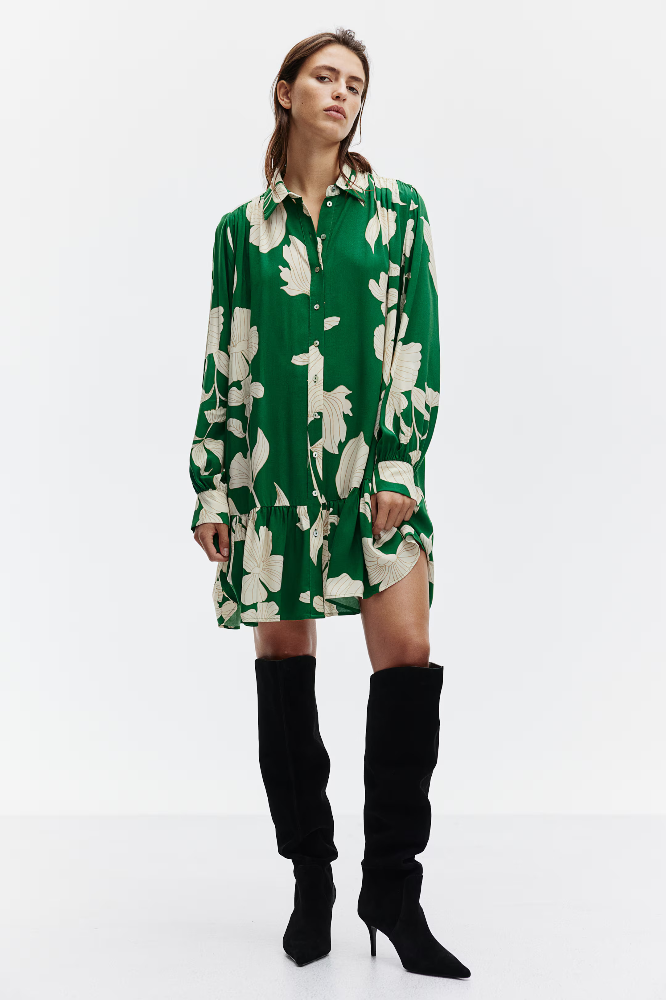 Oversized Shirt Dress - Round Neck - Long sleeve - Green/cream floral - Ladies | H&M US | H&M (US + CA)
