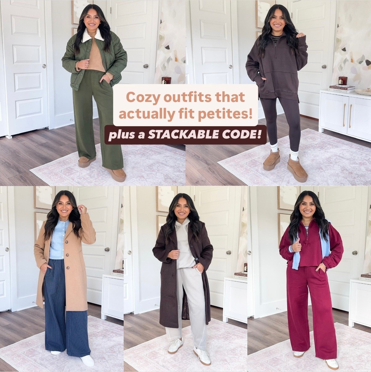 STACKABLE CODE: code LTKFALLSALE for 20% off on top of their current sale!
Cozy fall outfits - travel, errand
For reference: I’m 5’0, 32b bra size, and 2/26 in bottoms, pear shaped. 
*Everything I share is unaltered! TTS means true to size.

Military green quilted jacket size xxs TTS
Tan sweater size xs TTS
Military green fleece sweatpants size small short TTS
Ugg platform boots size 5 TTS

Deep earth brown layering tee size xs TTS
Deep earth brown fleece quarter zip size xs TTS
Deep earth brown leggings size medium short - I like to size up a size for a comfy waistband
Ugg platform boots size 5 TTS

Camel coat size xs petite TTS
Monaco blue cardigan size xs TTS
Navy stripe trouser pants size small short TTS
White sneakers size 6 TTS

Ivory stone harbor color hoodie size xxs TTS - this runs big
Ivory stone harbor barrel sweatpants size small short TTS
Dark brown coffee color coat size xs petite TTS
Sneakers size 6 TTS

Burgundy goddess color sweatshirt size xs TTS
Burgundy goddess color fleece sweat pants size small short TTS
Blue stripe tee size xs TTS
Monaco blue cardigan size xs TTS
Sneakers size 6 TTS


#LTKPetite #LTKSaleAlert #LTKFallSale