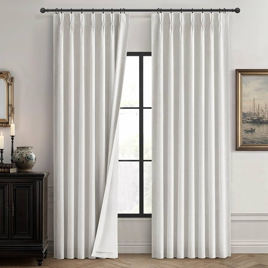 White Pinch Pleated Linen Blackout Curtains 90 Inch Length, 2 Panels Textured Neutral Drapes for ... | Amazon (US)
