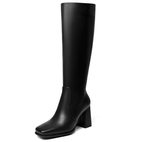 HEIFIN Black Knee High Boots Women Tall Boots with Chunky Heel Faux Leathe Boots Square Toe Long Boots Side Zipper | Amazon (US)