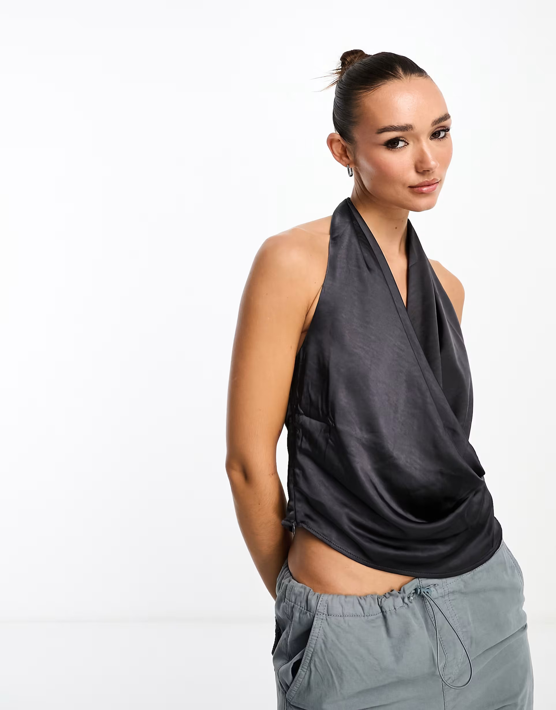 Mango ruched halterneck top in dark grey | ASOS (Global)