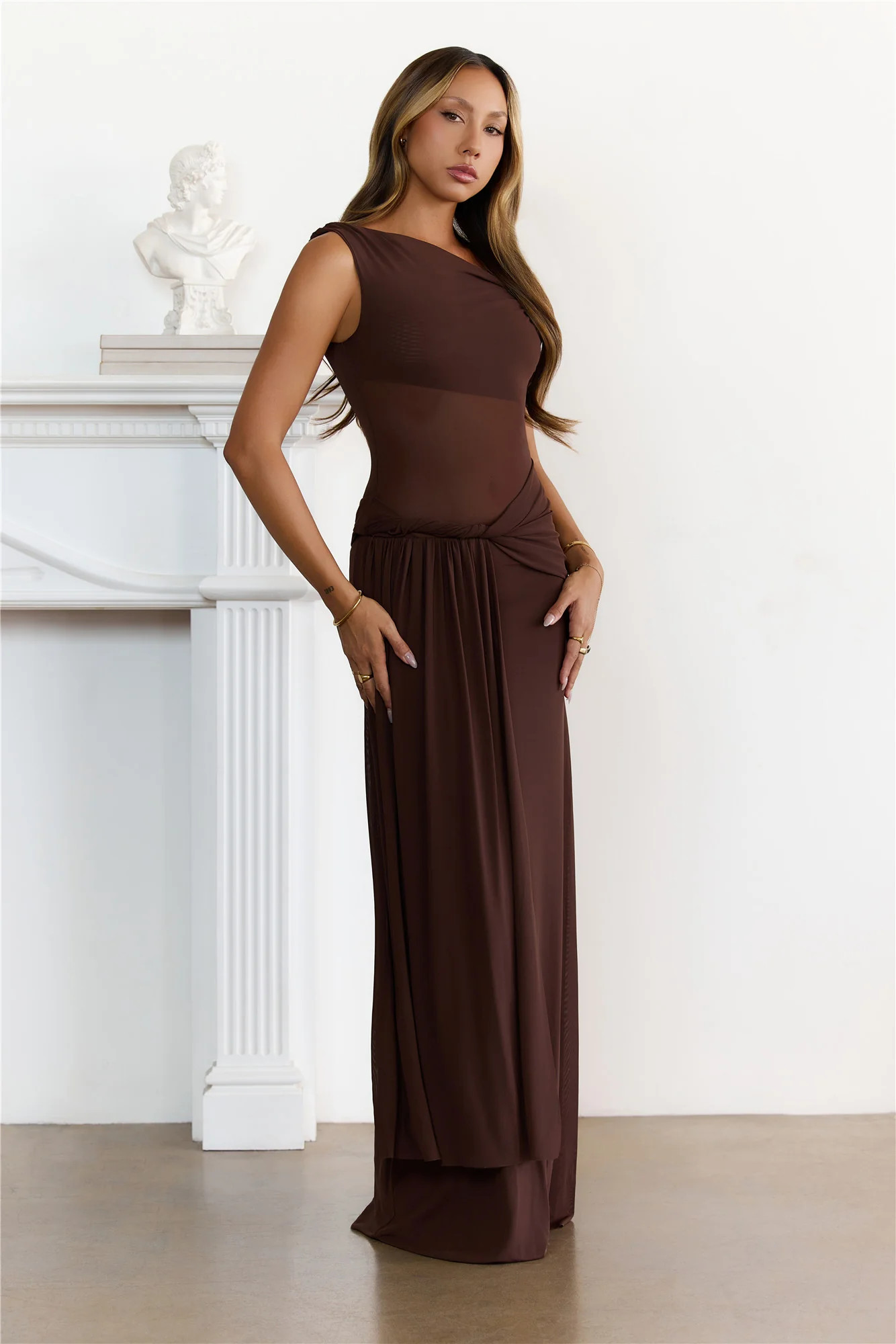 Sleek Off Shoulder Sheer Maxi Dress Chocolate | Hello Molly (US)