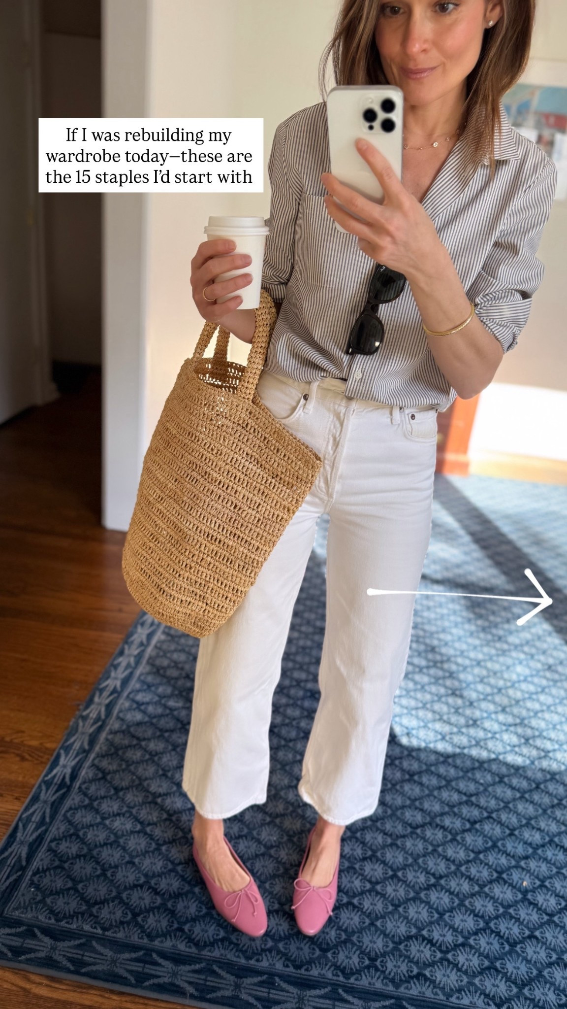 My 15 wardrobe staples 🤍
Jeans - all run tts, wearing a 25
White tee: wear a size small
Skirt: wearing a size 2 
Ballet flats: wear my true size but run a touch big, go down 1/2 size if in between 
Grey leggings: sized up to a medium 
Quince sweater: I size up to a medium in both 
Dress: wearing an XS 
Sweatshirt: wearing a small 
Trench: wearing a size size 34 
Button down/ wearing a size small 

#LTKStyleTip #LTKFindsUnder100