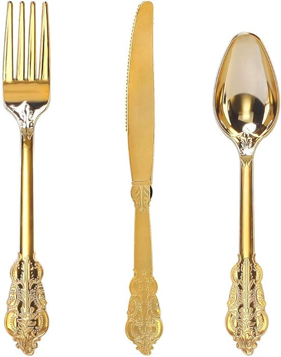 WDF 300 Pieces Gold Plastic Silverware Disposable - Heavy Duty Plastic Cutlery - Gold Silverware ... | Amazon (US)