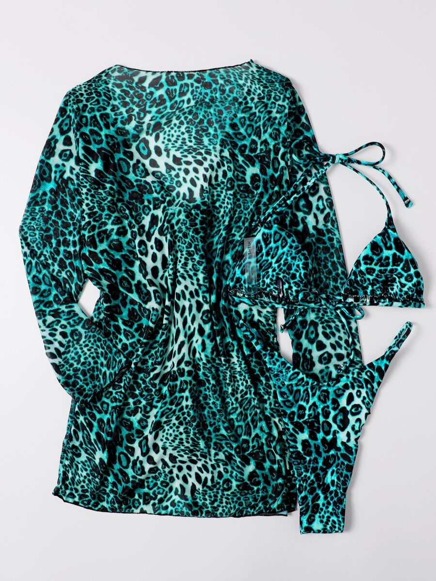 3pack Leopard Triangle Thong Bikini Swimsuit | SHEIN