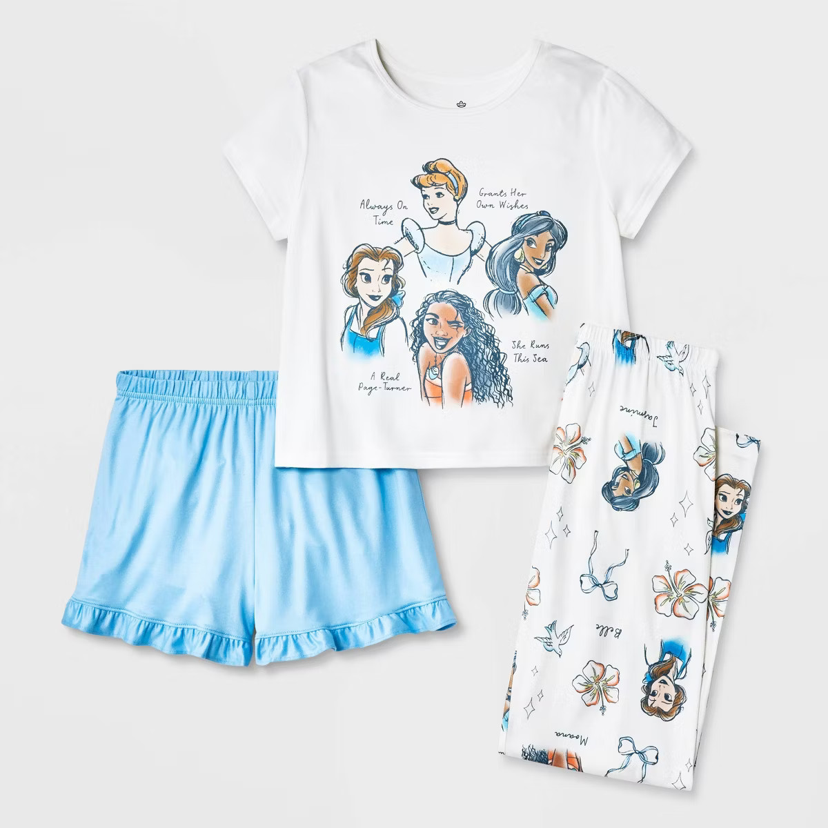 Girls' 3pc Disney Princesses Short Sleeve Pajama Set - Cream XS | Target