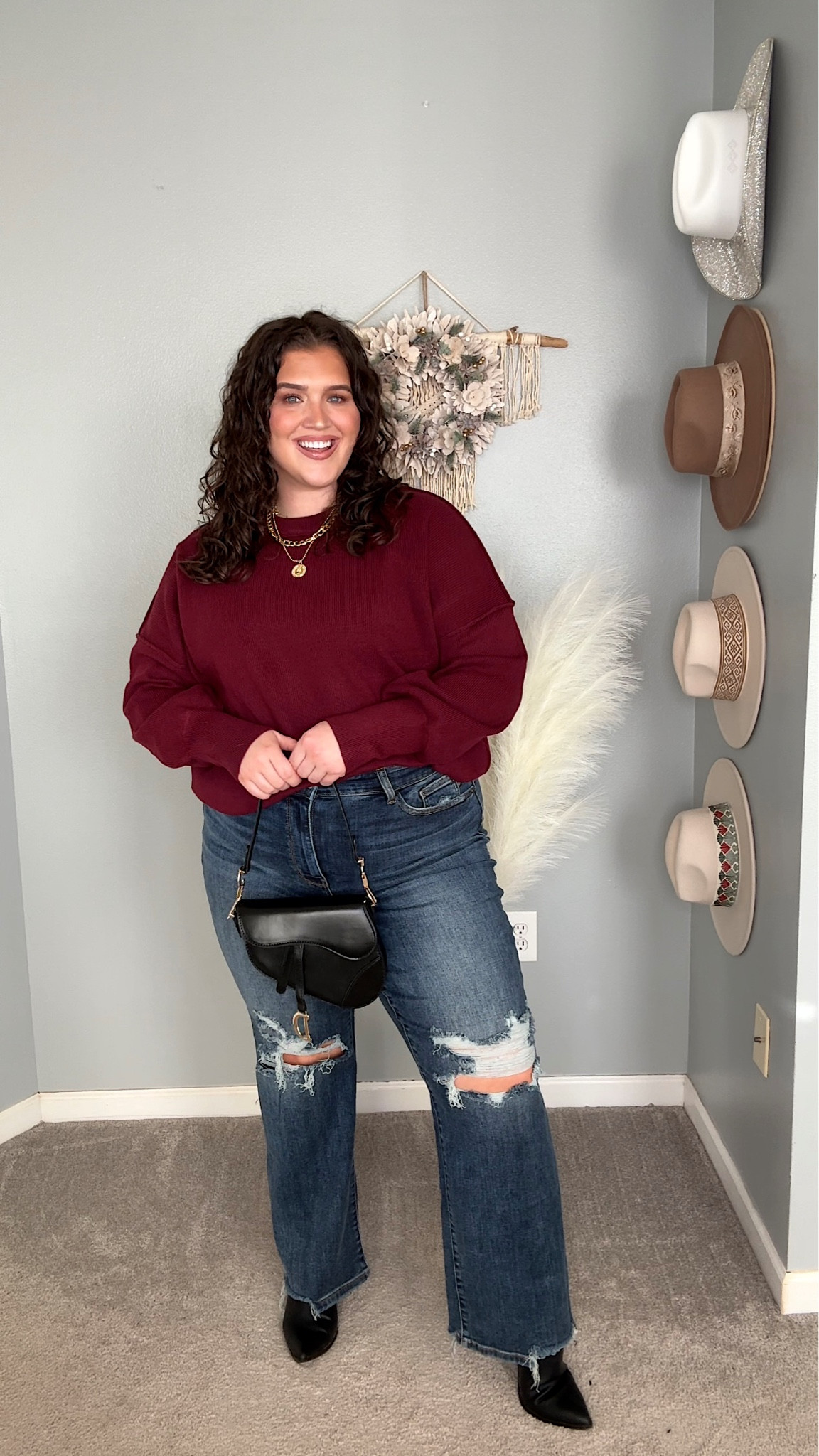 Casual everyday OOTD. Maroon sweater, distressed jeans, black booties + handbag 
Size: XL 
Jeans: 16 plus 
#ootd #casualoutfits #everydayfashion #sweater #jeans #denim #curvydenim #judyblue #booties #handbag #winteroutfits 

#LTKplussize #LTKSeasonal #LTKstyletip