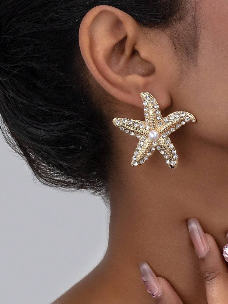 1 Pair Glitzy Rhinestone Starfish Stud Earrings, High-End Women's Earring Accessories For Daily W... | SHEIN