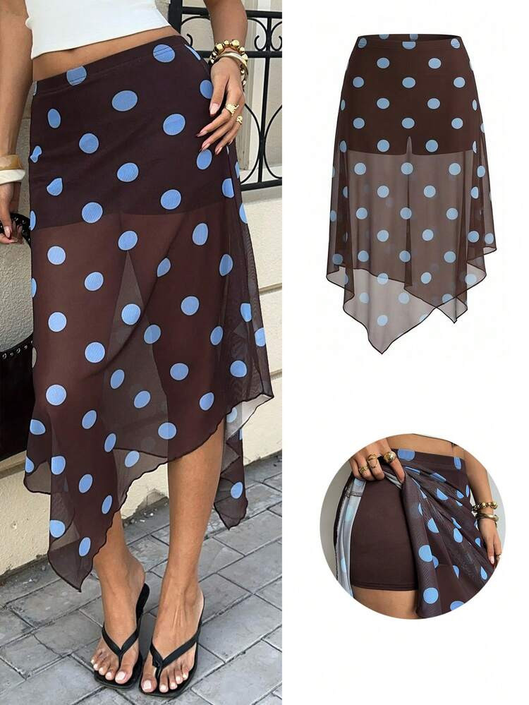 Siren Gaze Women's Elastic Waist Brown Polka Dot Summer 2000s Vacation Skirt,Asymmetric Hem Mesh Elegant Boho Cute Dainty Girly Party Graduation Skirts | SHEIN