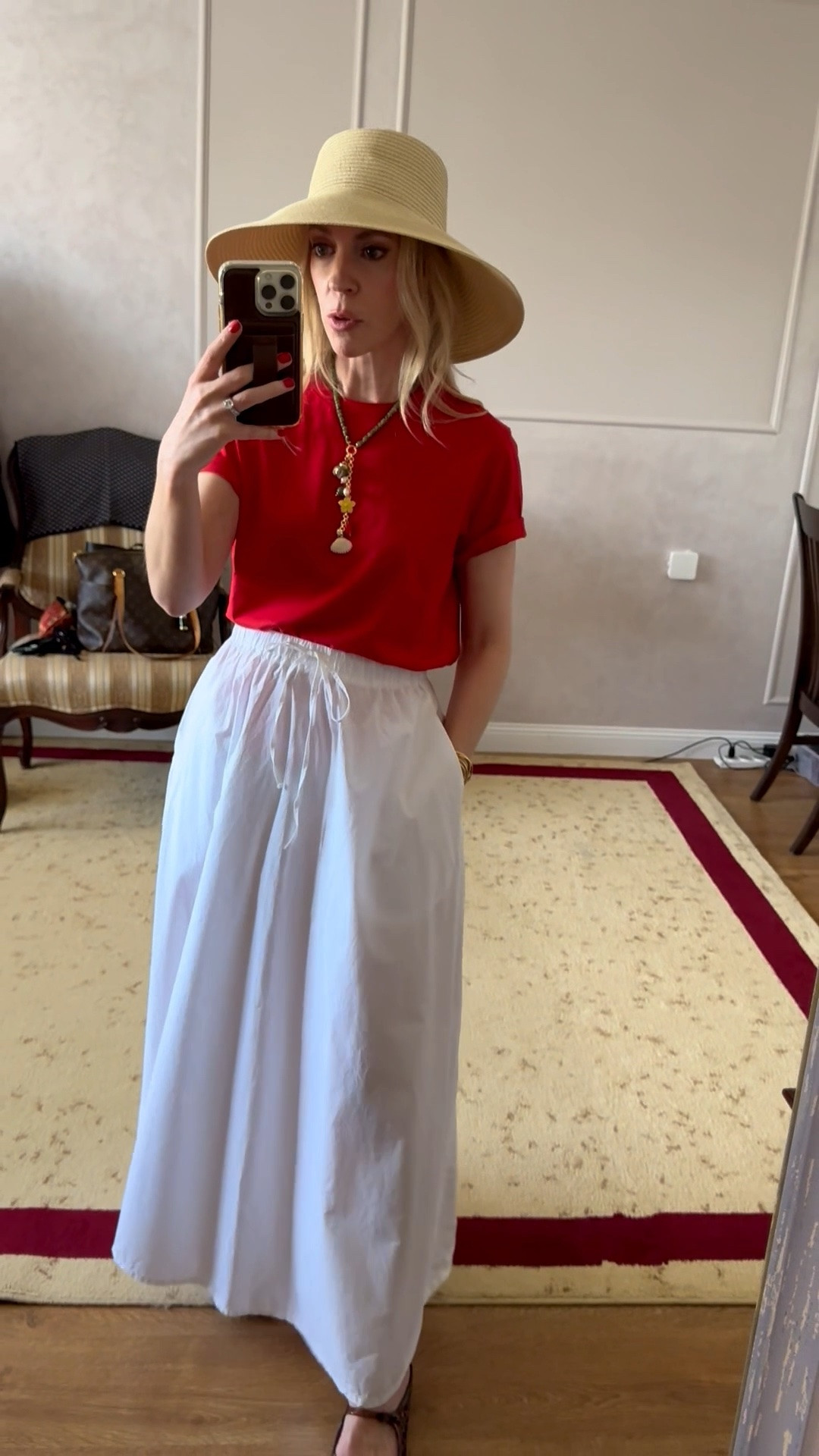Summer vacation outfit, straw hat, wide brim hat, red tee, white maxi skirt, jelly shoes, resort wear

#LTKSeasonal #LTKootd #LTKSaleAlert