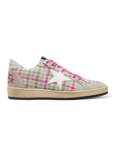 Ball Star tweed, leather and distressed glittered suede sneakers | NET-A-PORTER (UK & EU)