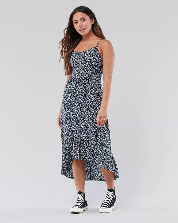 Button-Front Ruffle-Hem Midi Dress | Hollister (US)