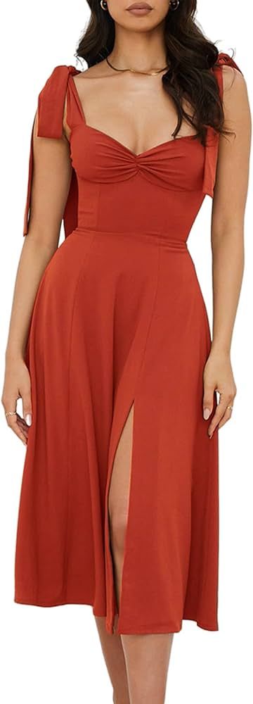Volemo Women’s Vintage Corset Dress Sweetheart Neckline Tie Strap Slit Sleeveless Swing Elegant Midi | Amazon (US)