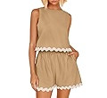ZESICA Women's 2024 Summer 2 Piece Outfits Set Linen Lace Trim Crewneck Tank Crop Top and Shorts ... | Amazon (US)