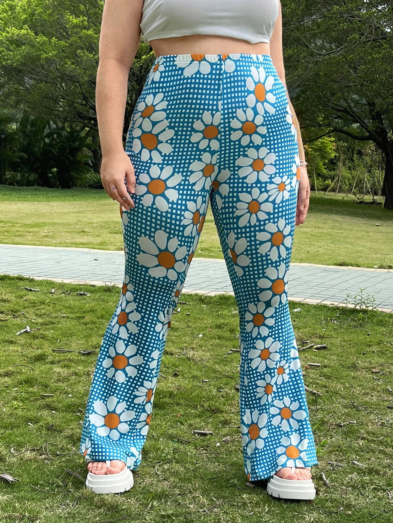 Plus Plaid & Floral Print Flare Leg Pants | SHEIN