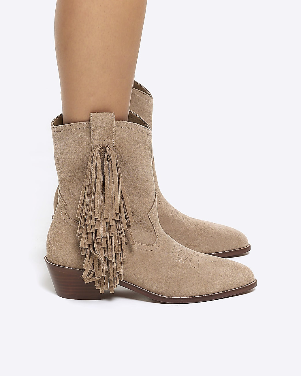 Stone suede fringe detail western boots | River Island (UK & IE)