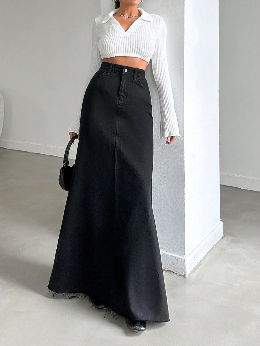 SHEIN Tall High Waist Raw Hem Denim Skirt | SHEIN