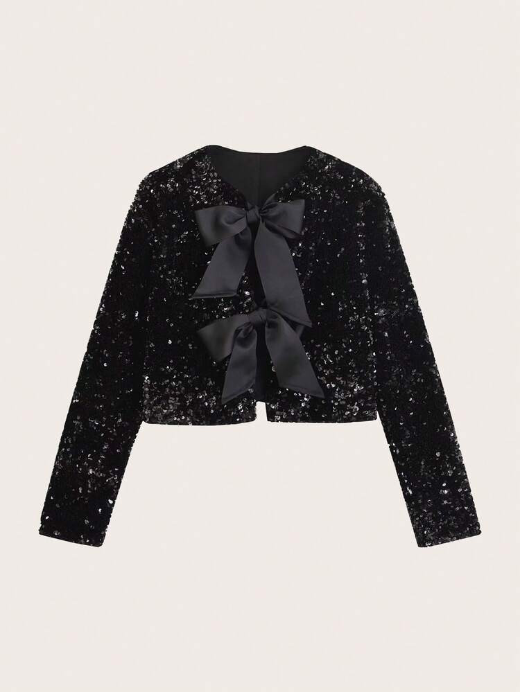 Sequin Bow Detail Cropped Jacket | SHEIN