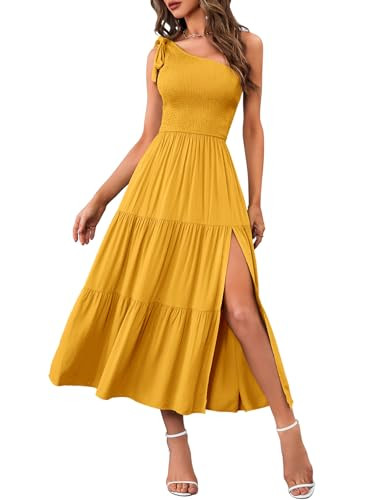 MEROKEETY Women's 2026 Summer Sleeveless Midi Dress One Shoulder Knot Smocked Split Formal Cocktail Wedding Guest Dresses, Mustard, L | Amazon (US)