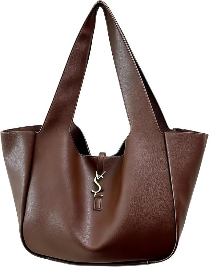 Brown PU Leather Tote Bag for Women – Large Capacity Shoulder Bag with Woven Design, Elegant PU... | Amazon (US)