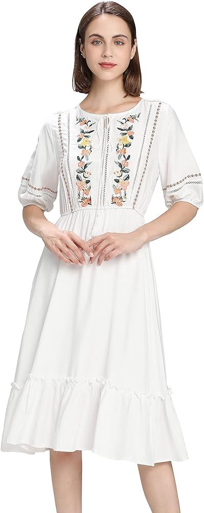Women's Short Sleeve Mexican Embroidered Floral Pleated Midi A-line Cocktail Dress | Amazon (US)