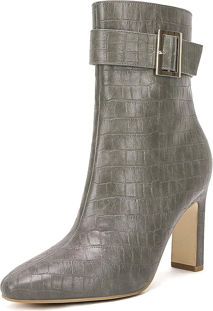 Coutgo Women's High Heel Ankle Boots Pointed Toe Chunky Block Buckle Mid Calf Booties with Animal... | Amazon (US)