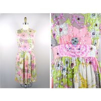 Vintage 50S 60S Beaded Dress Pastel Pink Rhinestone Sequin Floral | Etsy (US)