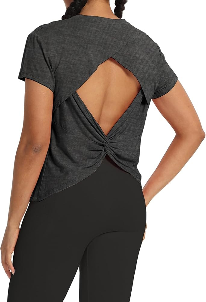 Bestisun Open Back Workout Athletic Shirts Short Sleeve Split Back Yoga Exercise Tops for Women | Amazon (US)