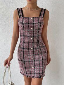 Raw Trim Plaid Tweed Dress Without Belt SKU: sw2207286161623125(7 Reviews)Trending - Plazacore$15... | SHEIN