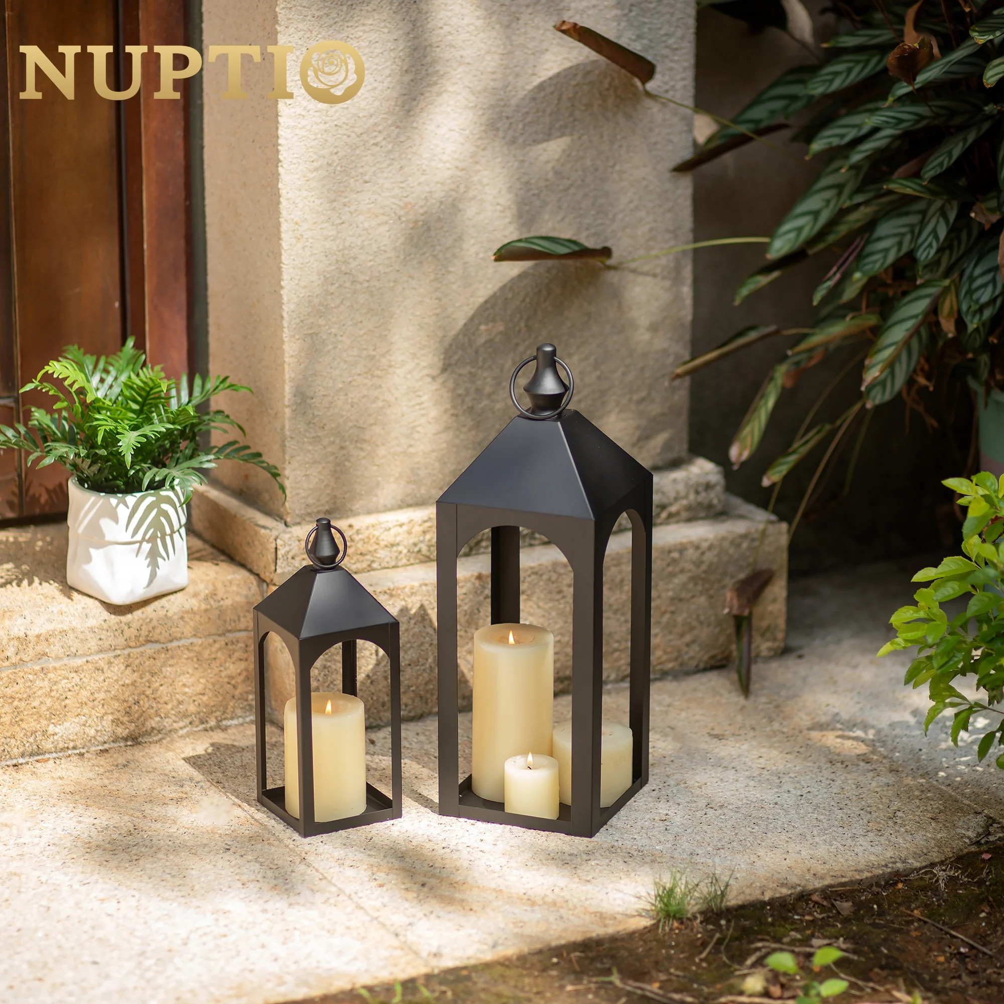 Nuptio Decorative Black Metal Pillar Candle Holder Lantern，Indoor Outdoor Lanterns for Porch & ... | Walmart (US)