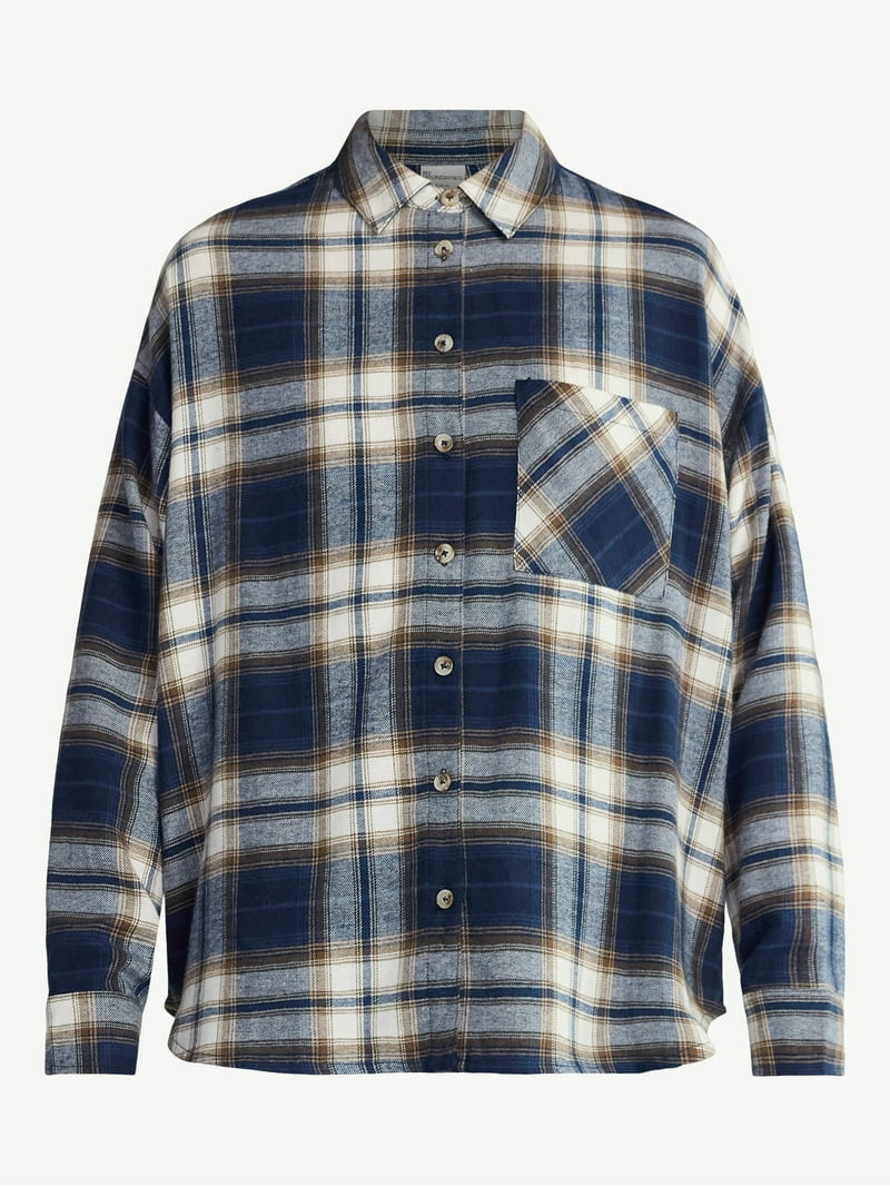No Boundaries Slouchy Flannel Shirt with Side Pockets, Women's | Walmart (US)