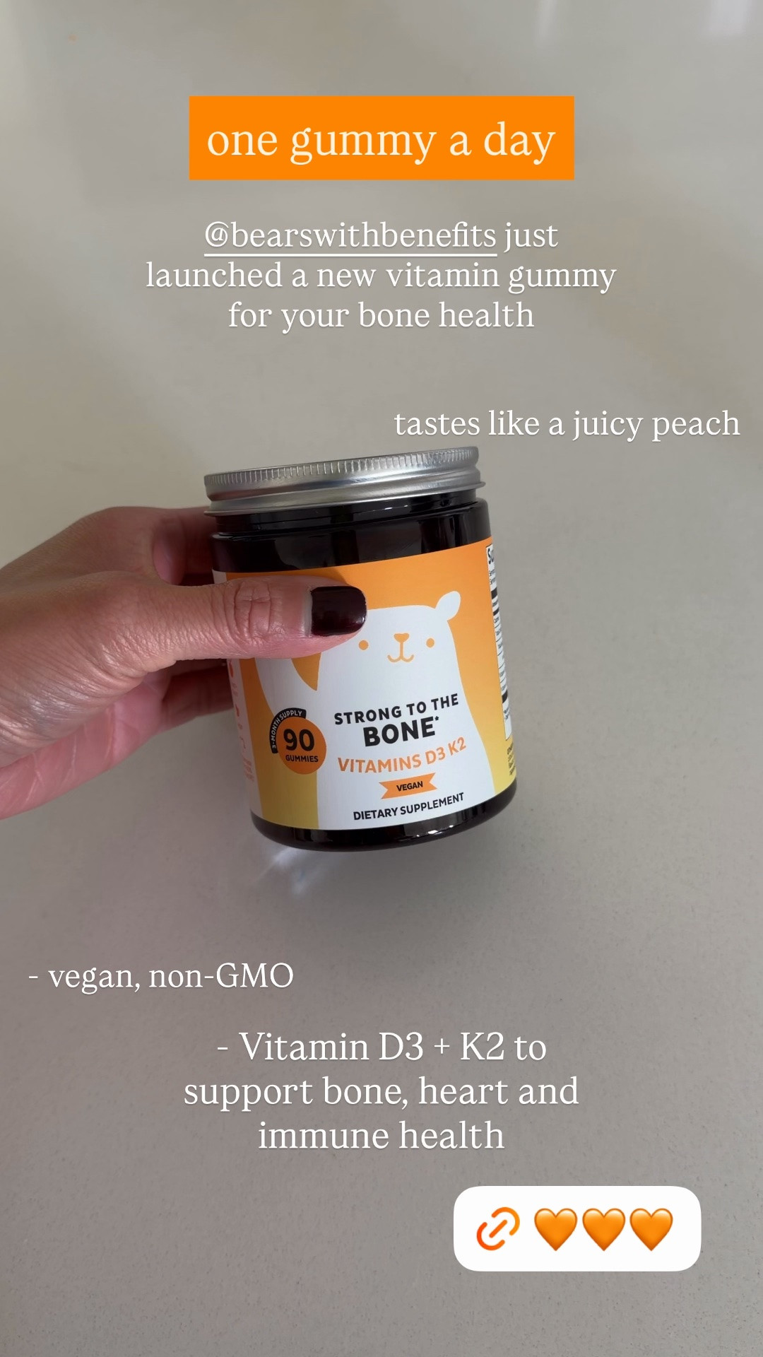 One gummy a day ✨ These gummy bear vitamins support bone health immune function and calcium absorption. They taste like peaches. 

The bottles stay on my desk as a natural daily routine to fit into my schedule for healthy bones and a strong immune system. They’re clinically backed, made by women for women and are vegan and non-gmo. 

I have the 90 day supply. Try it now. 

Vitamins, Bears with Benefits, gummy bear vitamins, women’s health, The Stylizt

#LTKmorningroutine #LTKselfcare #LTKdayinmylife