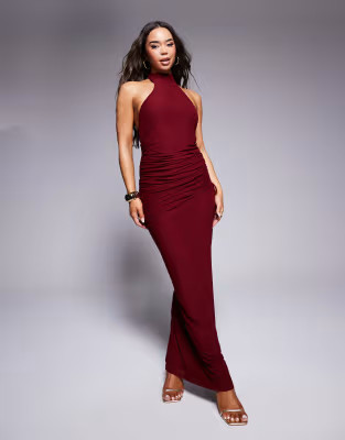 ASOS DESIGN ruched halter maxi dress with asymmetric back detail in burgundy | ASOS (Global)