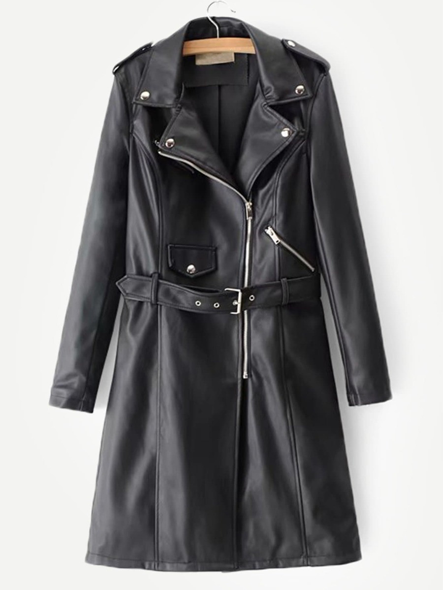 Faux Leather Belted Trench Coat | SHEIN