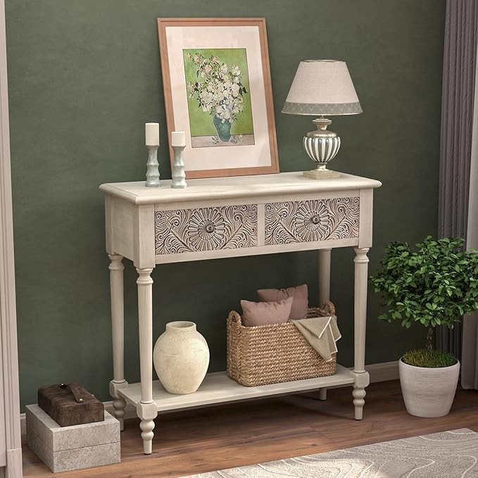 COSIEST Console Table with 2 Drawers, MDF Narrow Entryway Table with Storage Shelf, Wood Accent S... | Amazon (US)