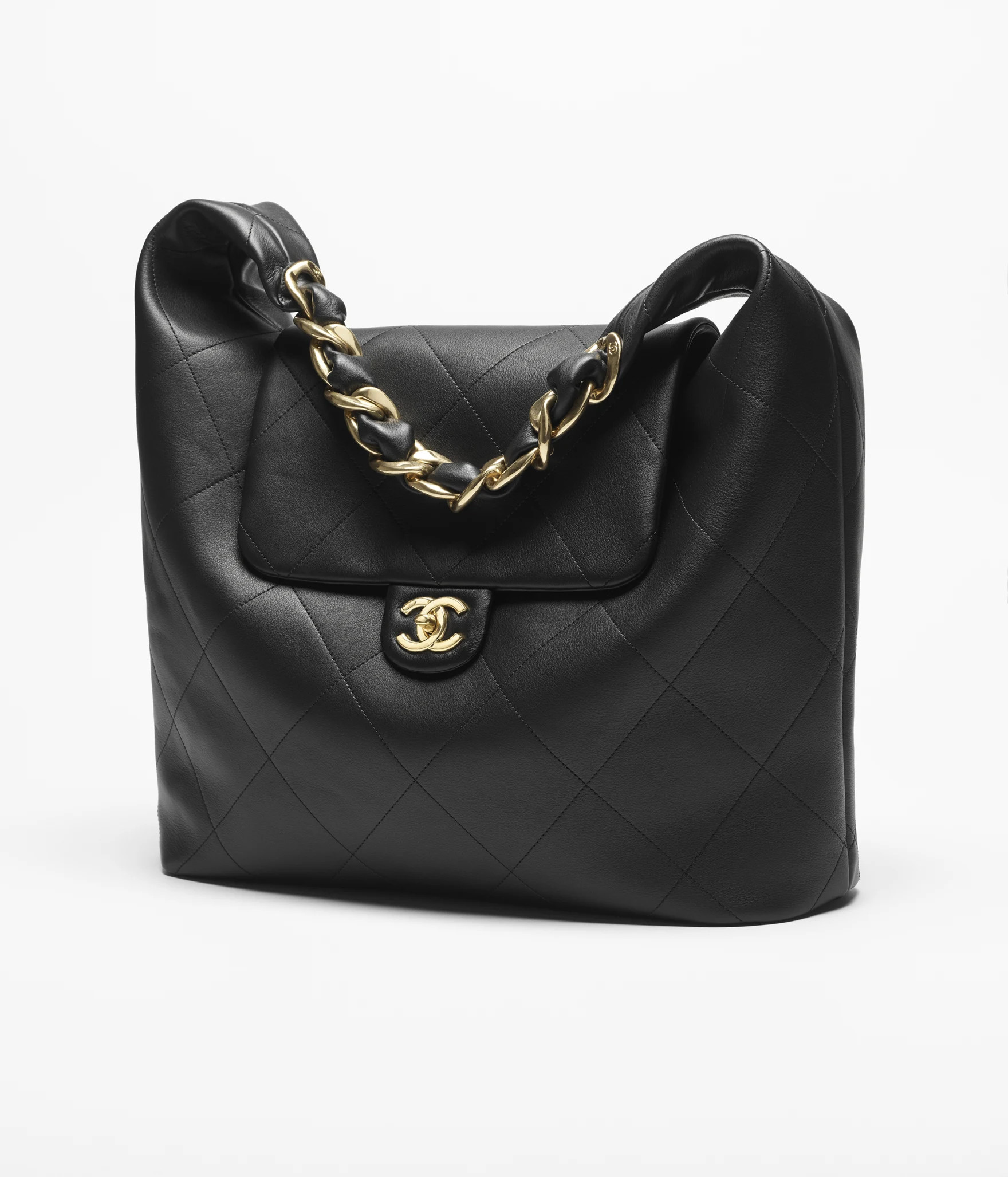 Maxi hobo bag, Shiny calfskin & gold-tone metal , black — Fashion | CHANEL | Chanel, Inc. (US)