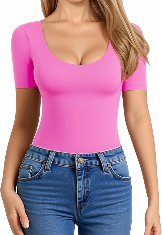 MANGOPOP Women's Scoop Neck Slim Fitted Short Sleeve Double Lined T Shirt Tight Basic Tops Y2K Te... | Amazon (US)