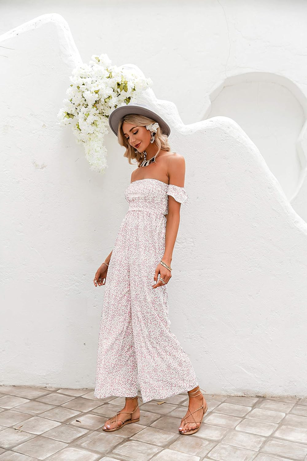 Amegoya Women's Sexy Off Shoulder Floral Print Romper Casual Drawstring Wide Leg Pants Jumpsuits | Amazon (US)