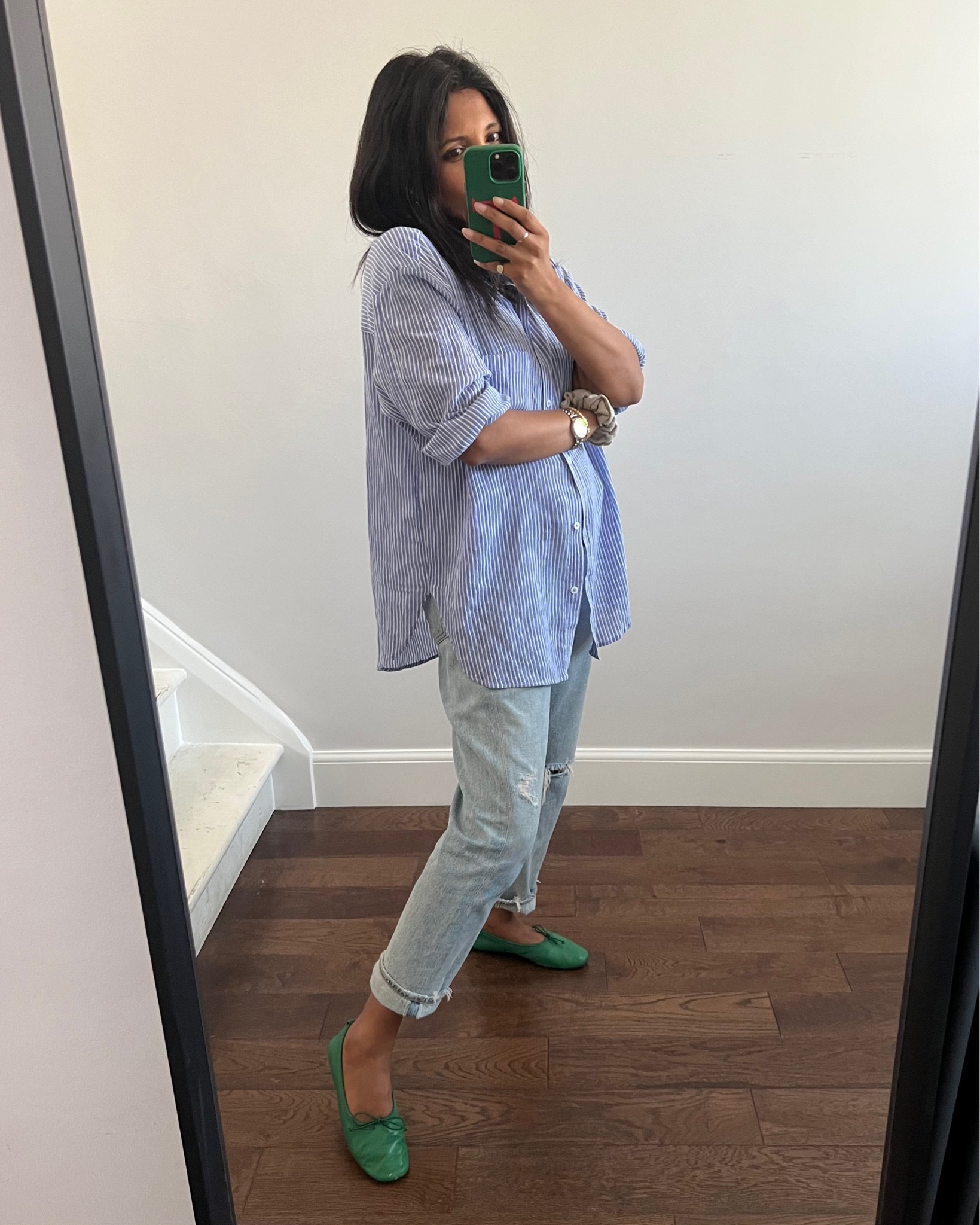 Oversized shirt, stripe shirt, oversized stripe shirt, jeans, blue jeans, light blue jeans, distressed jeans, ballerinas, green ballerinas, green shoes, H&M, boden, & other stories, mint velvet, river island, summer outfit, spring outfit 

#LTKeurope #LTKSeasonal #LTKstyletip