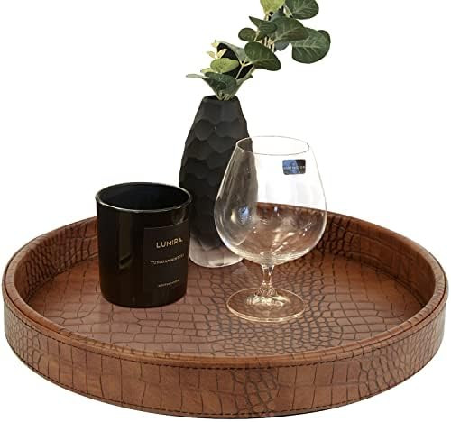 HofferRuffer Faux Leather Round Serving Tray, Vegan Croco Leather Decorative Food Tray for Storag... | Amazon (US)
