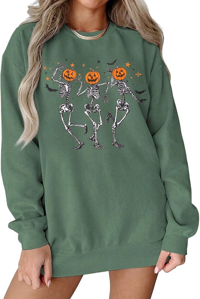 Ritatte Women Dancing Skeleton Halloween Sweatshirt Pumpkin Skull Graphic Pullover Top Spooky Sea... | Amazon (US)