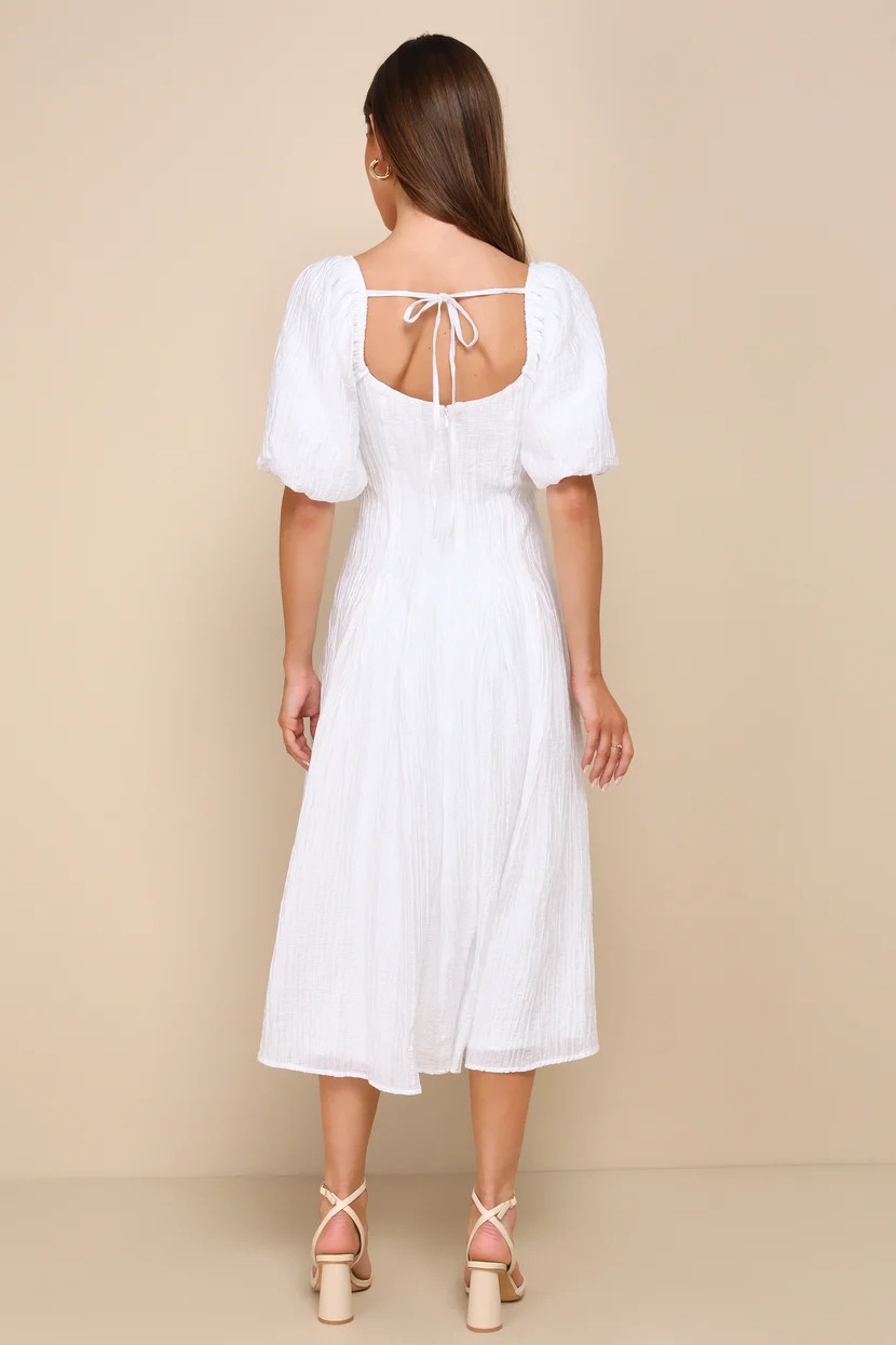 Heavenly Energy White Textured Puff Sleeve Pleated Midi Dress | Lulus
