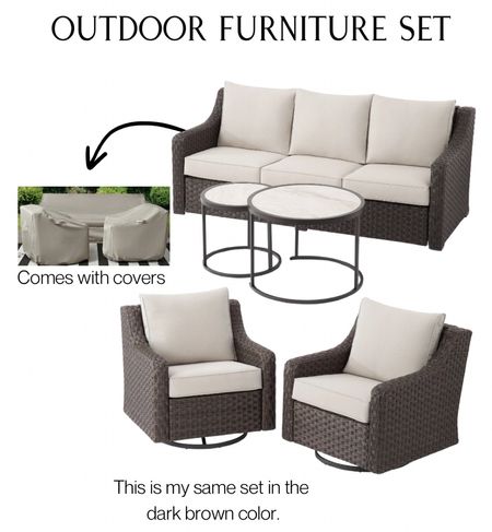 This is my same brand and model furniture in the dark brown color and it’s IN STOCK!!!

The set comes with 2 swivel/glide chairs a sofa and set of 2 nesting tables plus covers!! 

#LTKxWalmart #LTKSeasonal #LTKHome