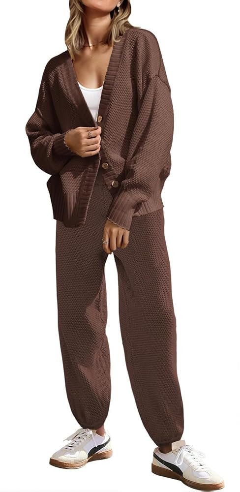 SAUKOLE Womens Two Piece Outfits Knit Sweater Sets Oversized Button Down Cardigan and Long Pants ... | Amazon (US)