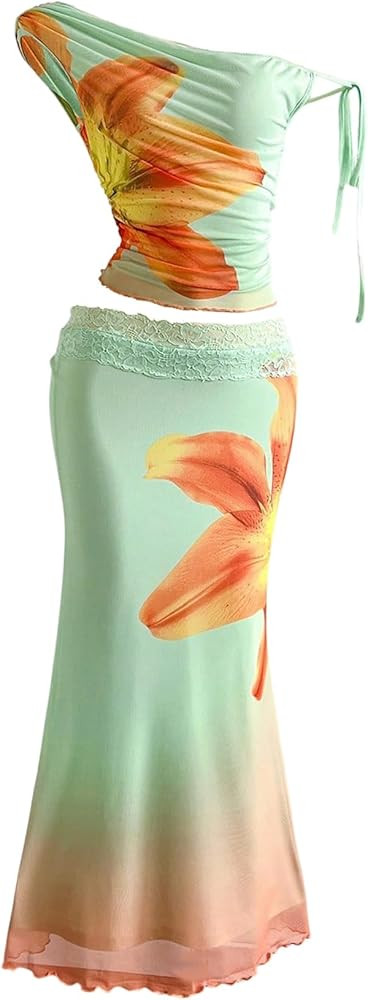 SOLY HUX Women's 2 Piece Outfit Floral Mesh Ruched One Shoulder Crop Tank Top and Bodycon Maxi Sk... | Amazon (US)