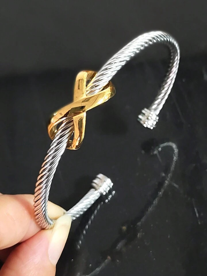 1pc 18k Gold Plated Multicolor Stainless Steel Cable Wire Infinity Cuff Bangle, Diy, Simple Fashion, Adjustable, Suitable For Girls, Women, Relatives, Friends, Beautiful Wedding And Birthday Gift | SHEIN