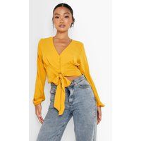 Womens Petite Woven Button Through Tie Blouse - Yellow - 10, Yellow | Boohoo.com (UK & IE)