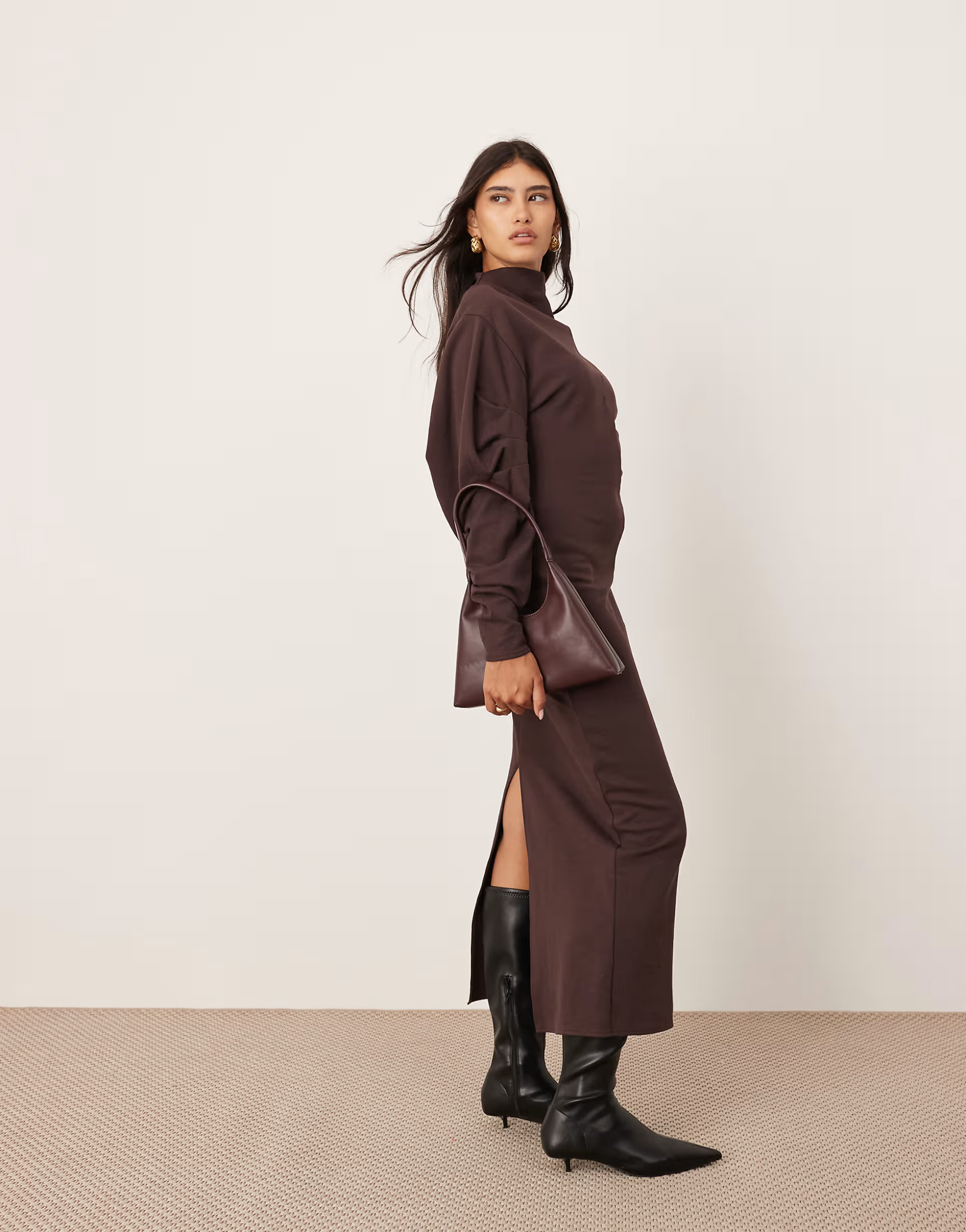 ASOS EDITION textured jersey column midaxi dress with pleat sleeves in mahogany | ASOS (Global)