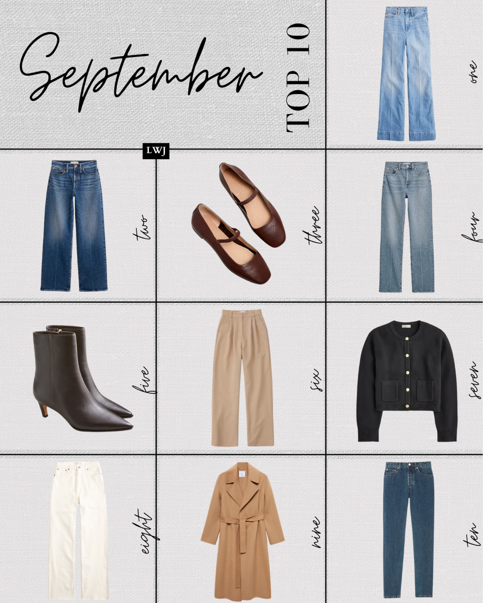 September’s top 10 bestsellers: 

1. Jcrew denim trousers 
2. Madewell PV wide leg jean 
3. Madewell Greta ballet flats 
4. Madewell 90s straight leg jeans 
5. Jcrew new Stevie ankle boots 
6. Abercrombie Sloane wide leg pants 
7. Jcrew sweater lady jacket 
8. Abercrombie relaxed jeans 
9. Mango belted camel coat 
10. Everlane 90s cheeky jeans 

Workwear / jeans / fall style / fall fashion / ballet flats / heeled boots 

#LTKShoeCrush #LTKSeasonal